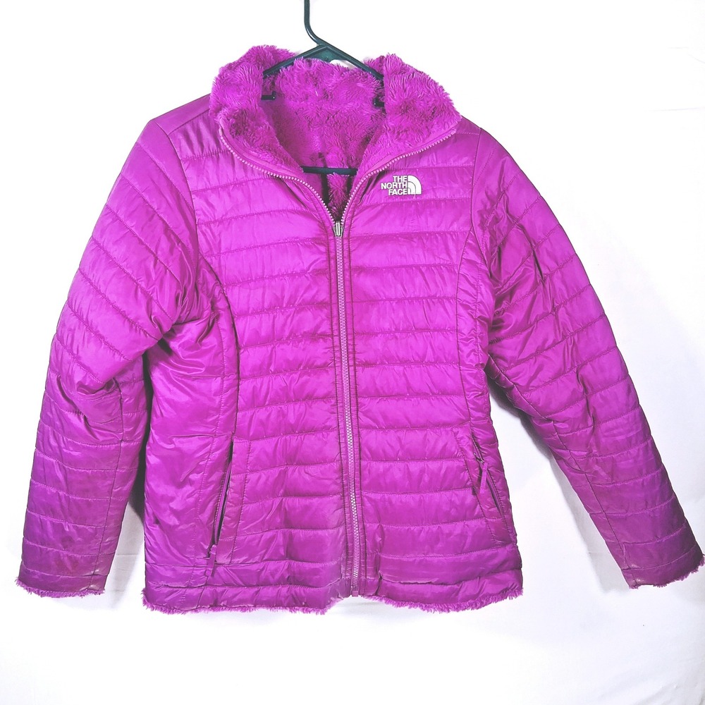 The North Face Girls Mossbud Swirl Reversible Jacket Purple XL 18 Quilted Fleece - Picture 3 of 14